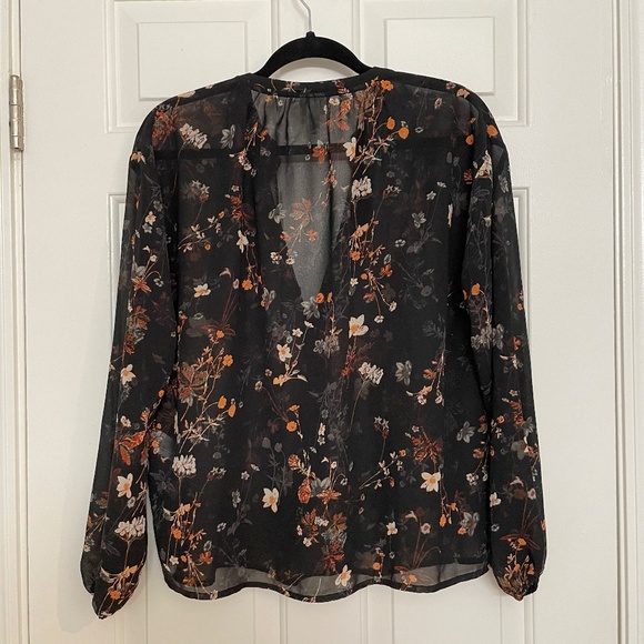A New Day Black Fall Woodsy Floral Printed Long Sleeve Billowy Peasant Blouse - Picture 12 of 15